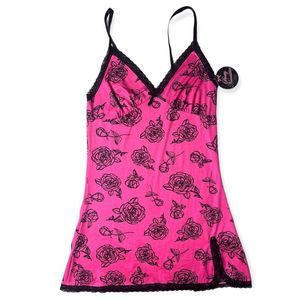 Pretty Necessities Pink Black Rose Slip Dress Lace Trim Lingerie Mini Size Small